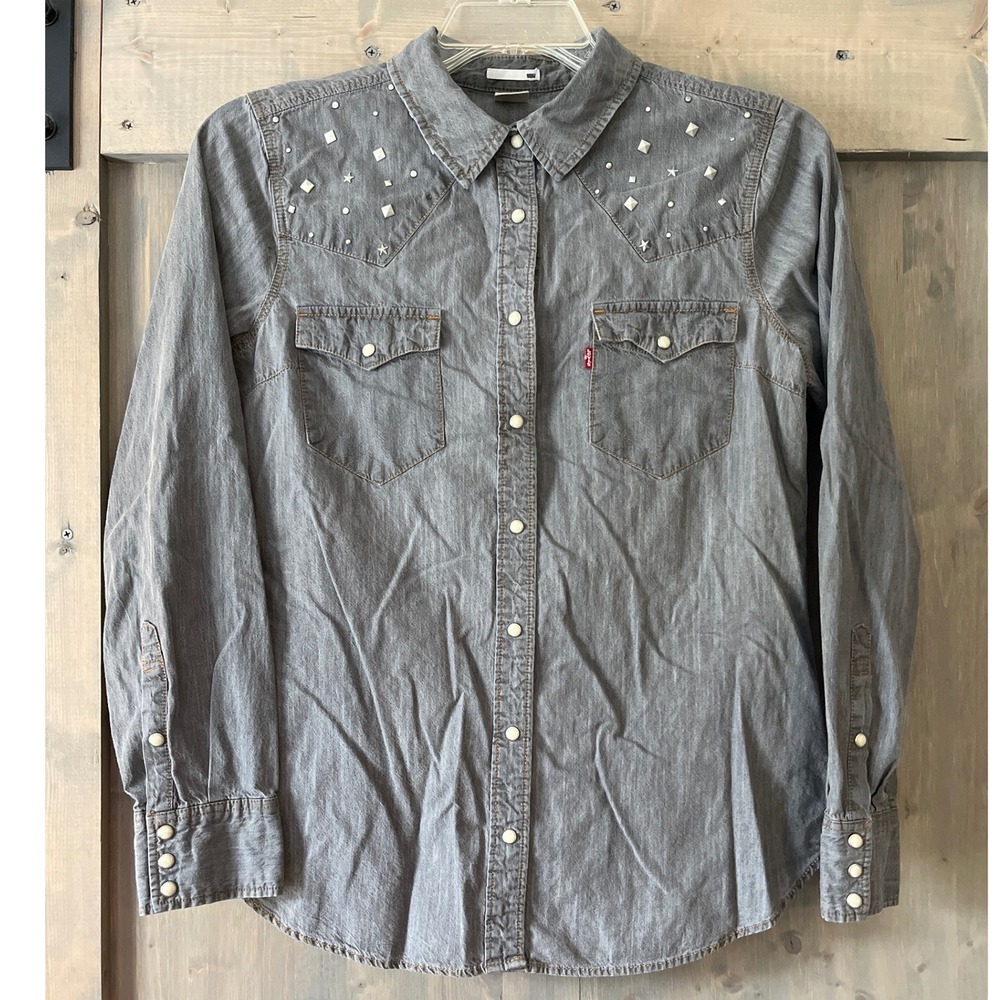 Levi's Denim Pearl Snap Shirt Women's Size XL Studded Embellished Gray Wash